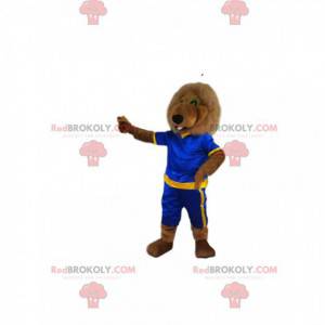 Mascote leão marrom com roupa esportiva azul e amarela -