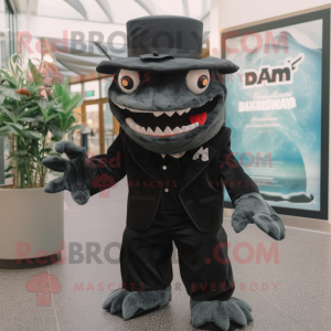 Black Piranha mascot costume character dressed with a Tuxedo and Beanies