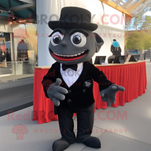 Black Piranha mascot costume character dressed with a Tuxedo and Beanies