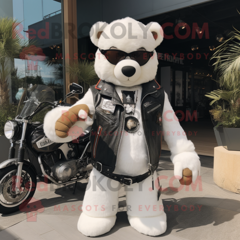 White Teddy Bear mascot costume character dressed with a Biker Jacket and Keychains Mascot Costumes Redbrokoly Sizes L 175 180CM