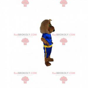 Brown lion mascot with blue and yellow sportswear -
