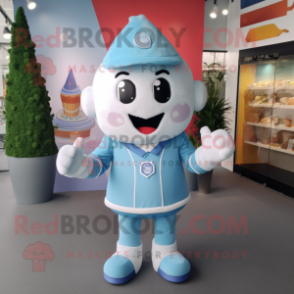 Sky Blue Ice Cream mascot costume character dressed with a Henley Shirt and Rings