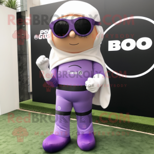 Lavender Para Commando mascot costume character dressed with a Yoga Pants and Eyeglasses