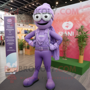 Lavender Para Commando mascot costume character dressed with a Yoga Pants and Eyeglasses