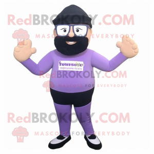 Lavender Para Commando mascot costume character dressed with a Yoga Pants and Eyeglasses