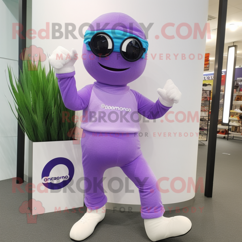 Lavender Para Commando mascot costume character dressed with a Yoga Pants and Eyeglasses