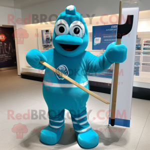 Turquoise Ice Hockey Stick mascot costume character dressed with a Swimwear and Gloves