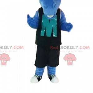 Blaues Pferdemaskottchen mit schwarzer Sportbekleidung. -