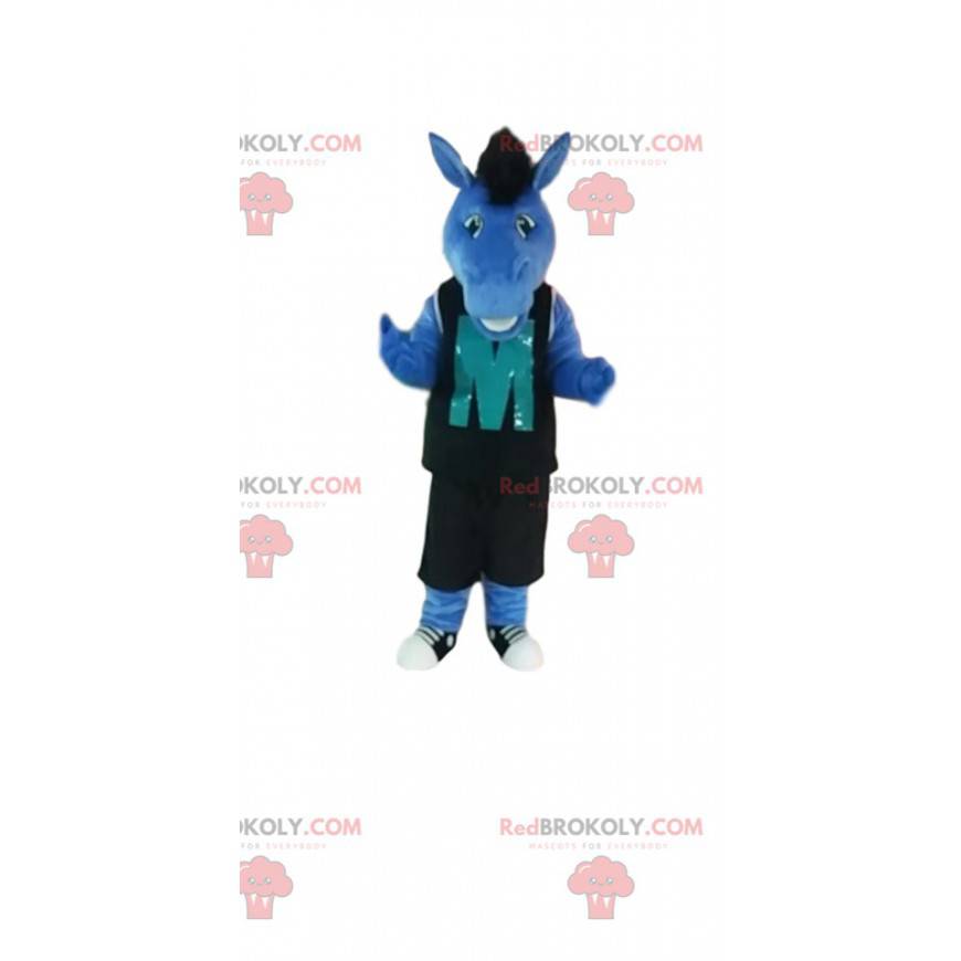 Mascotte de cheval bleu avec une tenue de sport noire. -