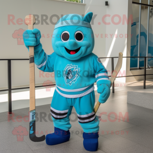 Turquoise Ice Hockey Stick mascot costume character dressed with a Swimwear and Gloves