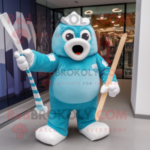 Turquoise Ice Hockey Stick mascot costume character dressed with a Swimwear and Gloves