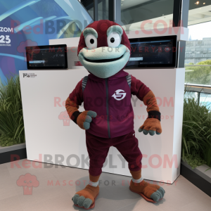 Maroon Lizard mascot costume character dressed with a Running Shorts and Digital watches