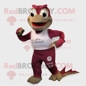 Maroon Lizard mascot costume character dressed with a Running Shorts and Digital watches