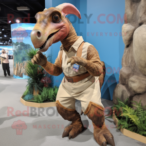 Brown Parasaurolophus mascot costume character dressed with a Chambray Shirt and Foot pads