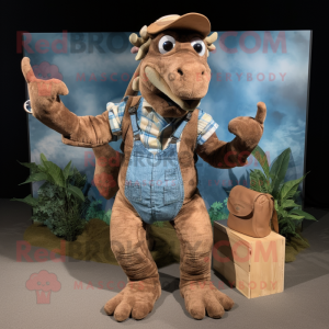 Brown Parasaurolophus mascot costume character dressed with a Chambray Shirt and Foot pads