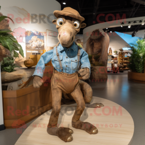 Brown Parasaurolophus mascot costume character dressed with a Chambray Shirt and Foot pads