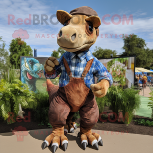 Brown Parasaurolophus mascot costume character dressed with a Chambray Shirt and Foot pads