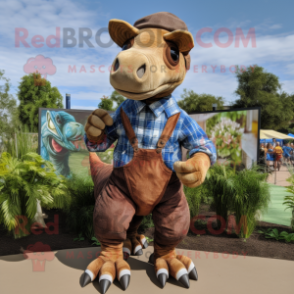 Brown Parasaurolophus mascot costume character dressed with a Chambray Shirt and Foot pads