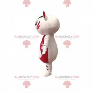 Mascote de gato branco e fúcsia muito alegre. Traje de gato -