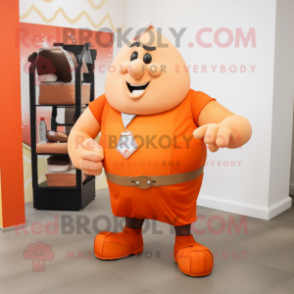 Orange Strongman mascot costume character dressed with a Pencil Skirt and Pocket squares