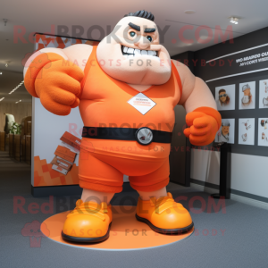 Orange Strongman mascot costume character dressed with a Pencil Skirt and Pocket squares