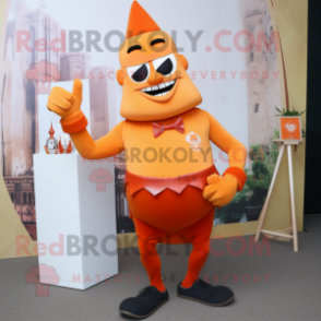 Orange Strongman mascot costume character dressed with a Pencil Skirt and Pocket squares