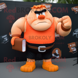 Orange Strongman mascot costume character dressed with a Pencil Skirt and Pocket squares