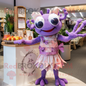 Lavender Crab mascot costume character dressed with a Cocktail Dress and Handbags