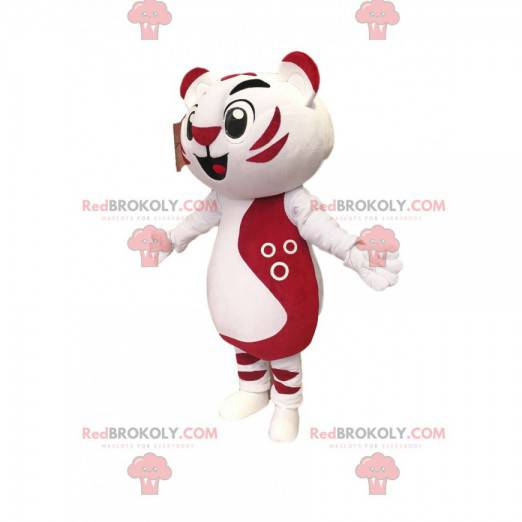Very cheerful white and fuchsia cat mascot.Cat costume -