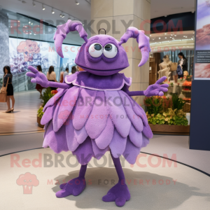 Lavender Crab mascot costume character dressed with a Cocktail Dress and Handbags