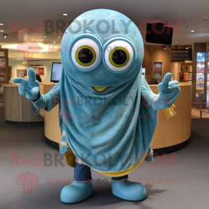 Turquoise Bagels mascot costume character dressed with a Denim Shorts and Wraps