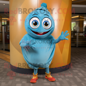 Turquoise Bagels mascot costume character dressed with a Denim Shorts and Wraps