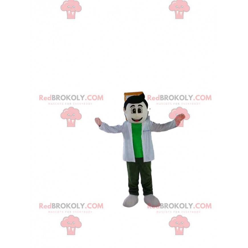 Homem mascote marrom com uma blusa branca e uma camiseta verde Homem mascote marrom com uma blusa branca e uma camiseta verde