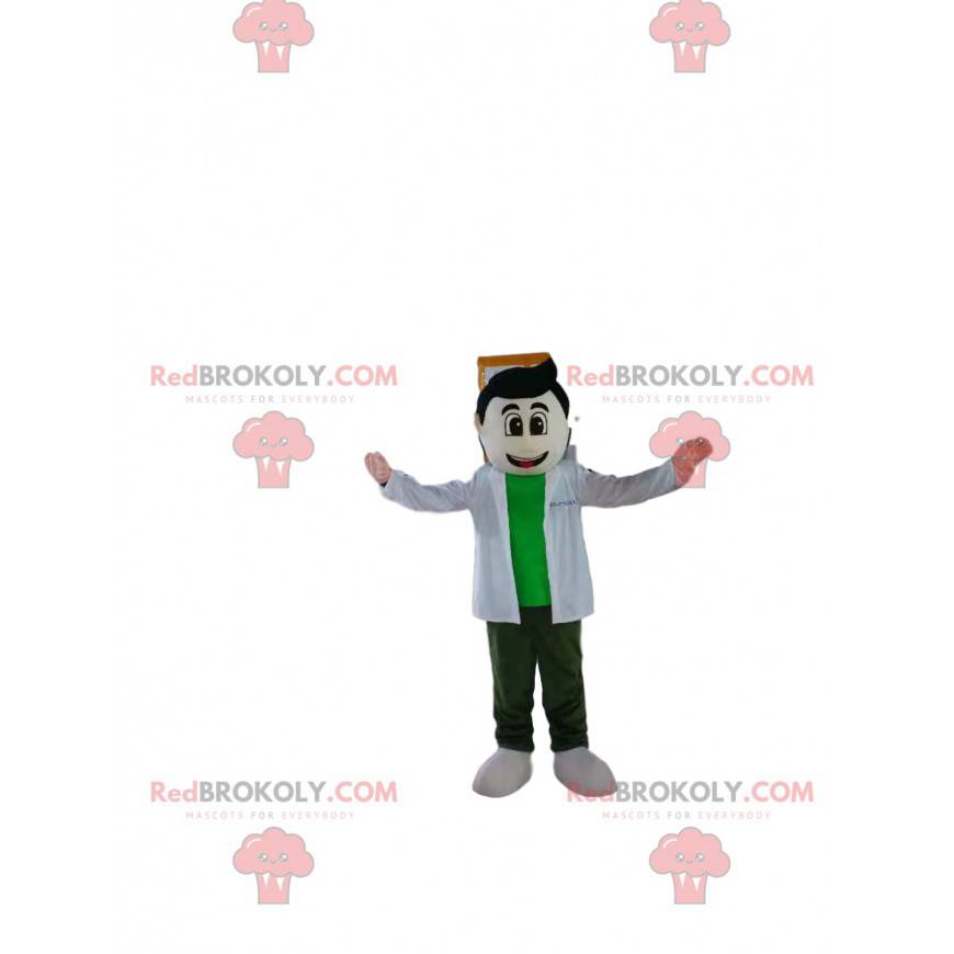 Mascot brown man with a white blouse and a green t-shirt -