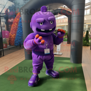 Purple Grenade mascot costume character dressed with a Joggers and Bracelets