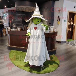 Olive Witch'S Hat mascot costume character dressed with a Wedding Dress and Tie pins