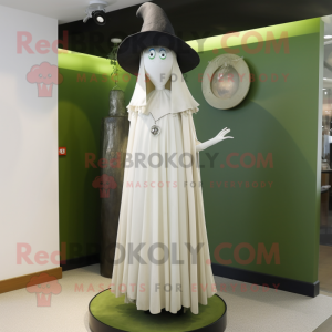 Olive Witch'S Hat mascot costume character dressed with a Wedding Dress and Tie pins