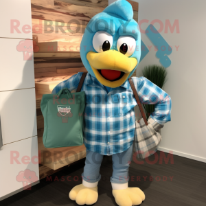 Cyan Chicken Parmesan mascot costume character dressed with a Flannel Shirt and Handbags