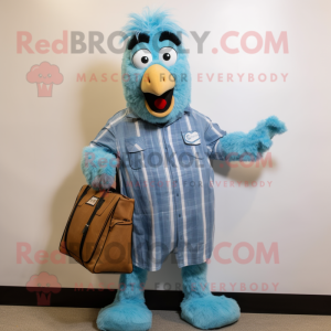 Cyan Chicken Parmesan mascot costume character dressed with a Flannel Shirt and Handbags