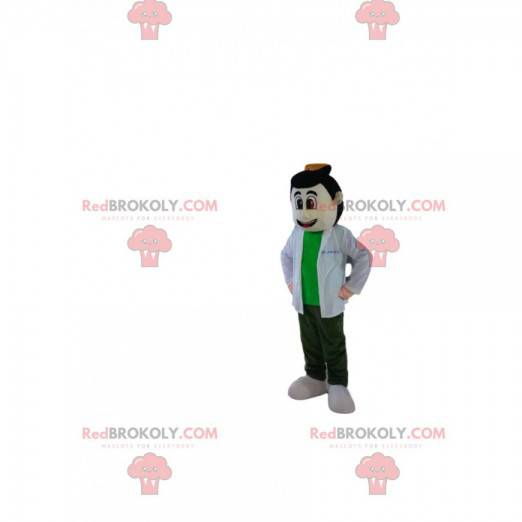 Mascot brown man with a white blouse and a green t-shirt -