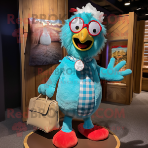 Cyan Chicken Parmesan mascot costume character dressed with a Flannel Shirt and Handbags