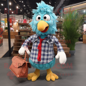 Cyan Chicken Parmesan mascot costume character dressed with a Flannel Shirt and Handbags