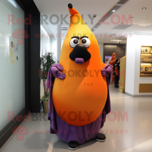 Orange Eggplant mascot costume character dressed with a Coat and Shawls