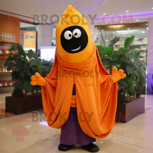 Orange Eggplant mascot costume character dressed with a Coat and Shawls