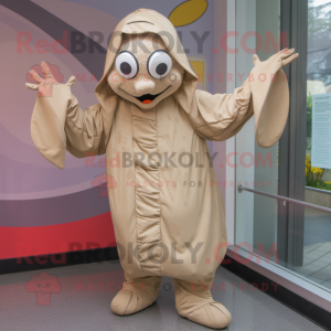 Beige Contortionist mascot costume character dressed with a Raincoat and Mittens