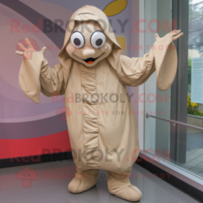 Beige Contortionist mascot costume character dressed with a Raincoat and Mittens