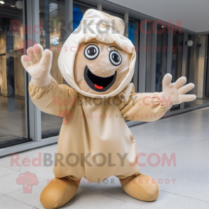 Beige Contortionist mascot costume character dressed with a Raincoat and Mittens