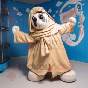 Beige Contortionist mascot costume character dressed with a Raincoat and Mittens