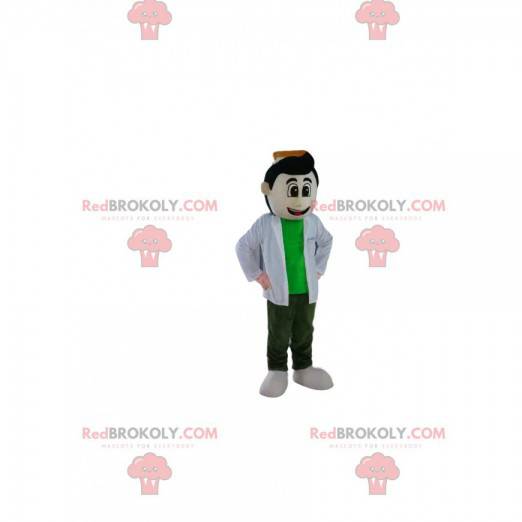 Mascot brown man with a white blouse and a green t-shirt -