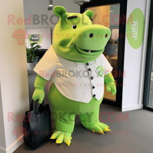 Lime Green Rhinoceros mascot costume character dressed with a Dress Shirt and Handbags